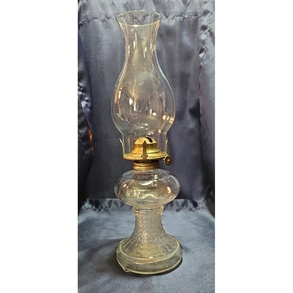 Vintage Clear Hobnail Glass Kerosene Oil Lamp with Chimeny shade; J-2090